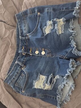 High-Rise Distressed Denim Shorts - Blue